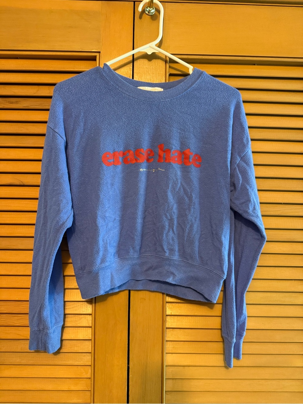 Spiritual Gangster Blue Sweatshirt with Red "erase hate" Graphic